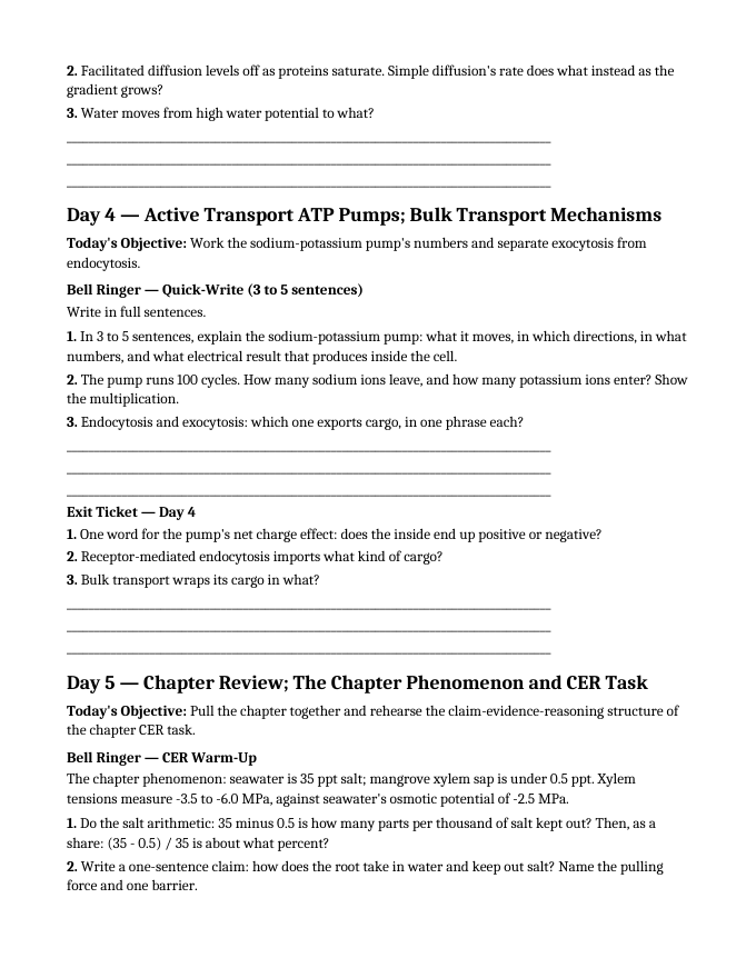 Cell Membrane Structure & Transport Bell Ringers & Exit Tickets sample page