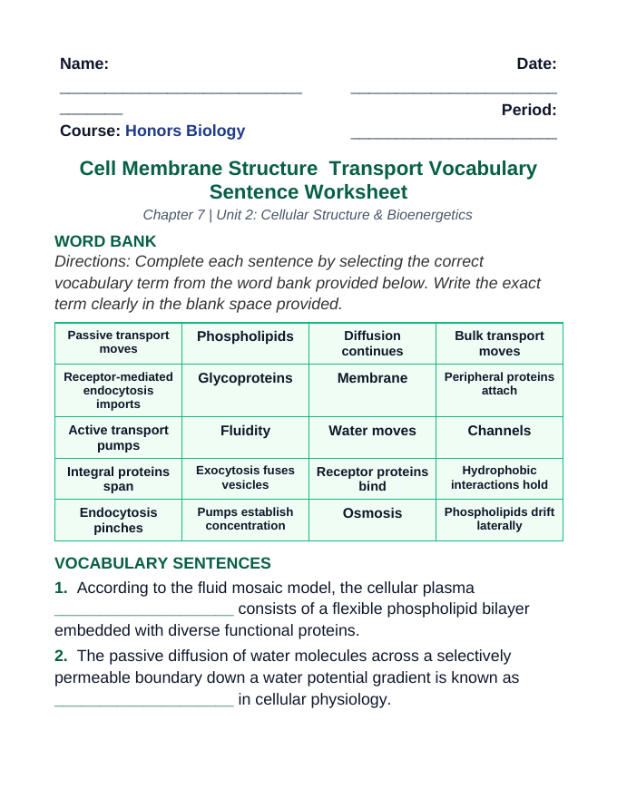 Cell Membrane Structure & Transport Fill-in-the-Blank Vocabulary Worksheet sample page