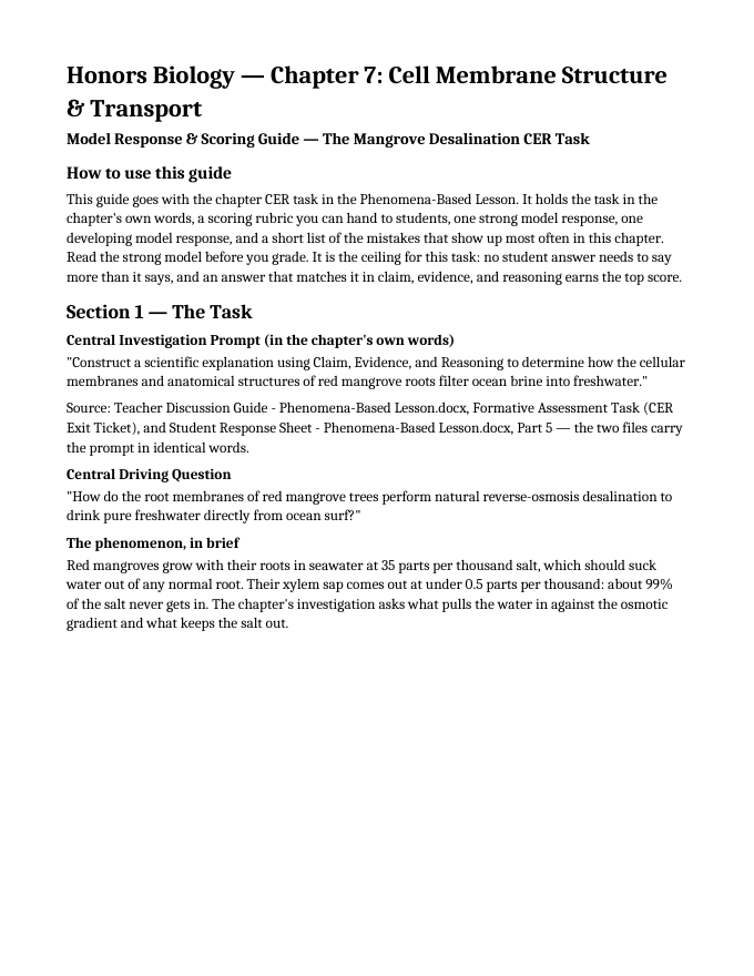 Cell Membrane Structure & Transport Model Response & Scoring Guide sample page