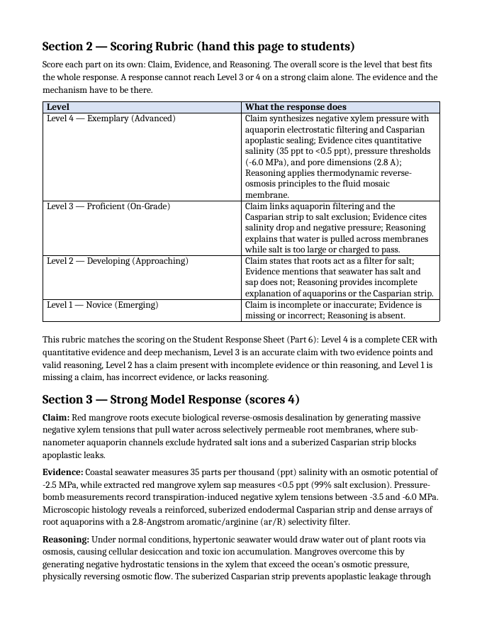 Cell Membrane Structure & Transport Model Response & Scoring Guide sample page