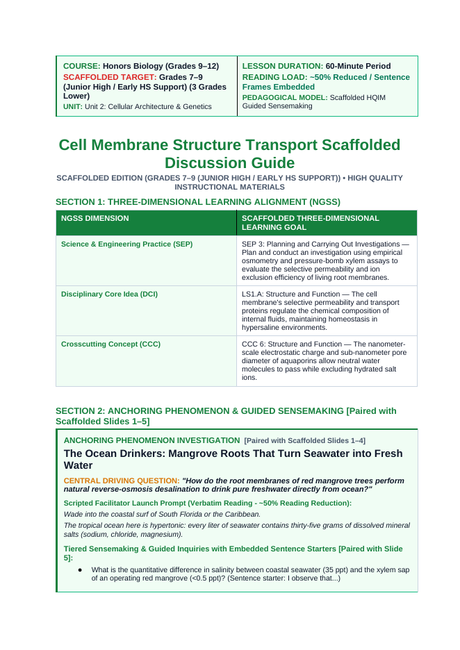 Cell Membrane Structure & Transport Scaffolded Phenomena-Based Lesson: The Ocean Drinkers: Mangrove Roots That Turn Seawater into Fresh Water Teacher Discussion Guide sample page