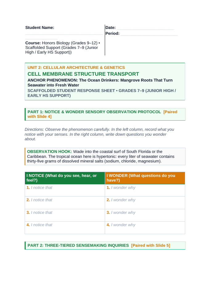 Cell Membrane Structure & Transport Scaffolded Phenomena-Based Lesson: The Ocean Drinkers: Mangrove Roots That Turn Seawater into Fresh Water Student Response Sheet sample page