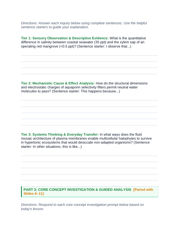 Cell Membrane Structure & Transport Scaffolded Phenomena-Based Lesson: The Ocean Drinkers: Mangrove Roots That Turn Seawater into Fresh Water Student Response Sheet sample page