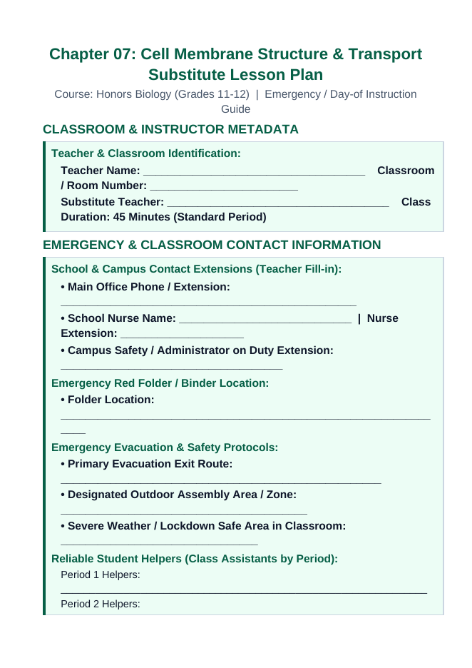 Cell Membrane Structure & Transport Substitute Lesson Plan sample page