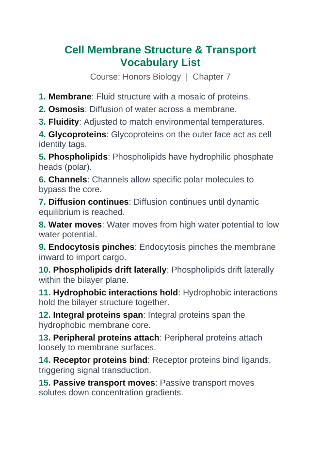 Cell Membrane Structure & Transport Vocabulary Words & Definitions sample page