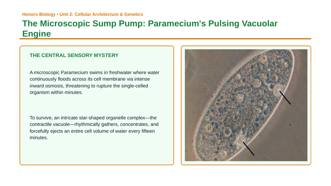 Cell Structure & Organelles Phenomena-Based Lesson: The Microscopic Sump Pump: Paramecium's Pulsing Vacuolar Engine Presentation sample page