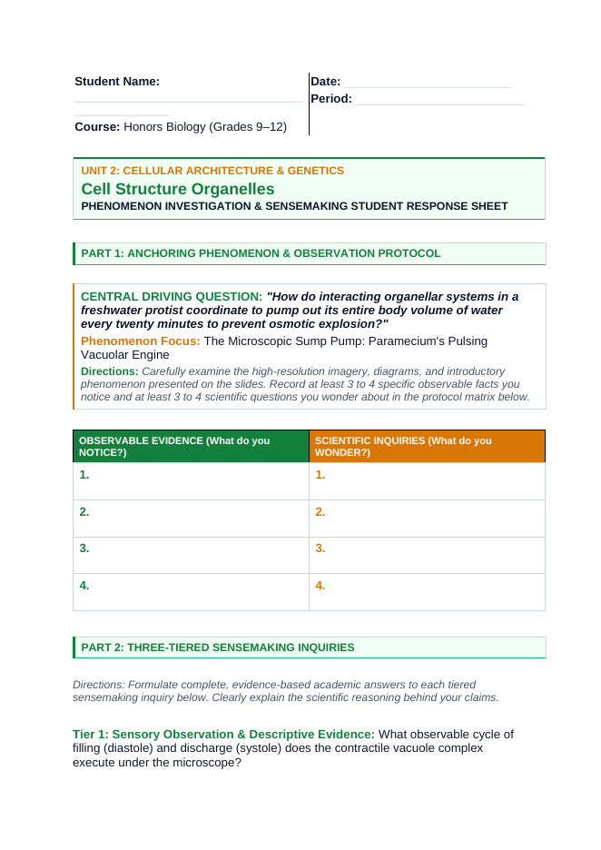 Cell Structure & Organelles Phenomena-Based Lesson: The Microscopic Sump Pump: Paramecium's Pulsing Vacuolar Engine Student Response Sheet sample page