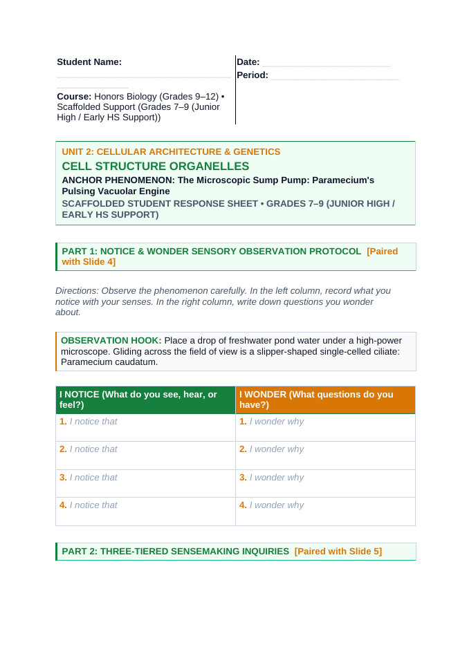 Cell Structure & Organelles Scaffolded Phenomena-Based Lesson: The Microscopic Sump Pump: Paramecium's Pulsing Vacuolar Engine Student Response Sheet sample page