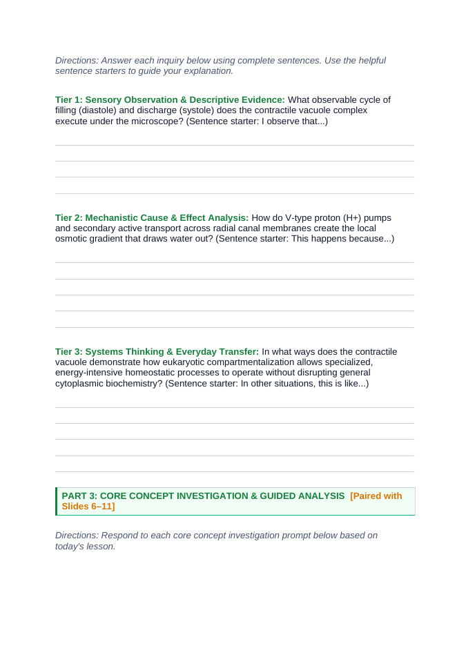 Cell Structure & Organelles Scaffolded Phenomena-Based Lesson: The Microscopic Sump Pump: Paramecium's Pulsing Vacuolar Engine Student Response Sheet sample page