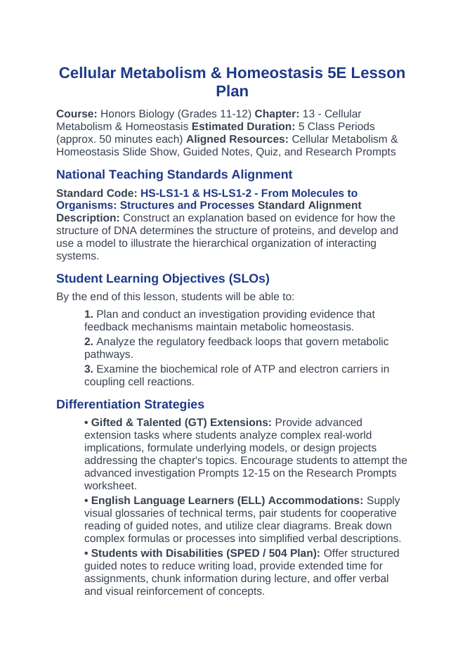 Cellular Metabolism & Homeostasis 5E Lesson Plan sample page