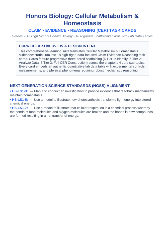 Cellular Metabolism & Homeostasis CER Task Cards sample page