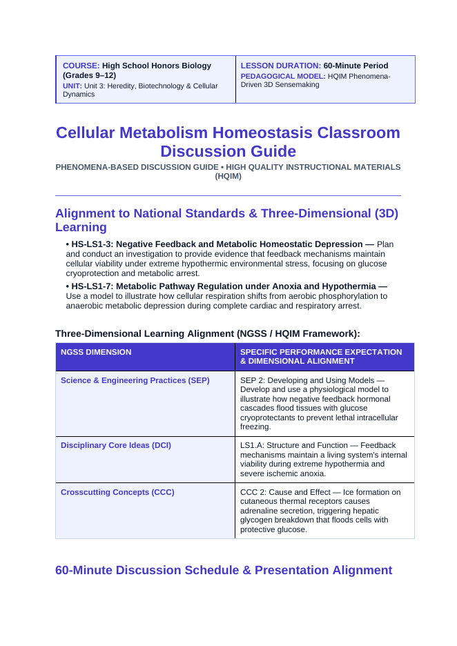 Cellular Metabolism & Homeostasis Phenomena-Based Lesson: The Frozen Stone: Wood Frogs Cheating Death with 300 mM Glucose Teacher Discussion Guide sample page