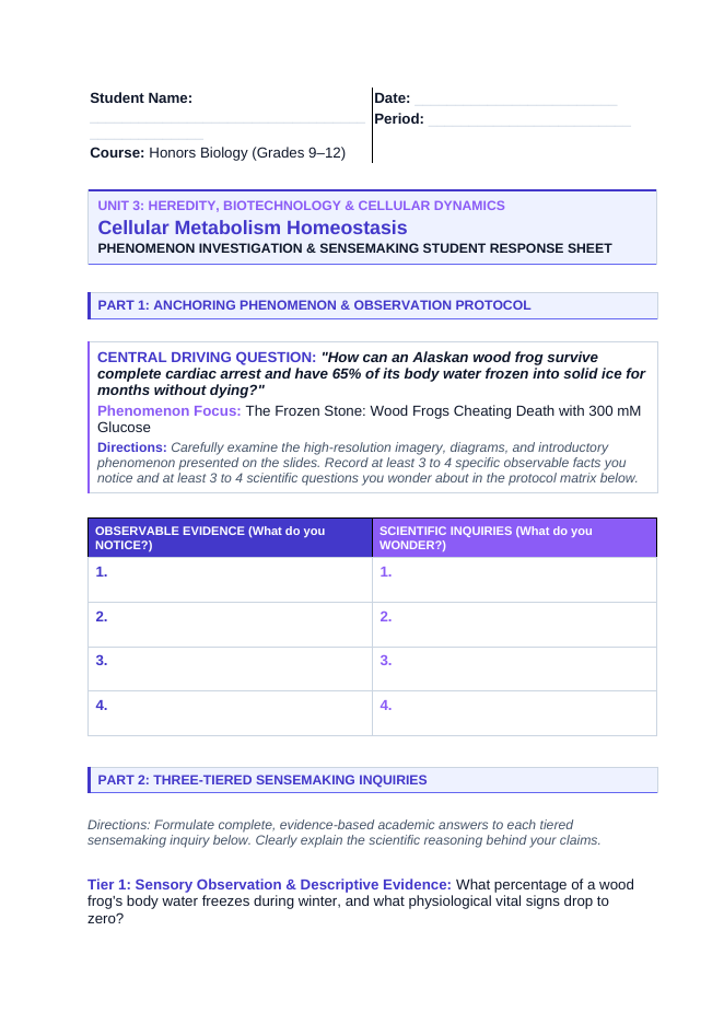 Cellular Metabolism & Homeostasis Phenomena-Based Lesson: The Frozen Stone: Wood Frogs Cheating Death with 300 mM Glucose Student Response Sheet sample page
