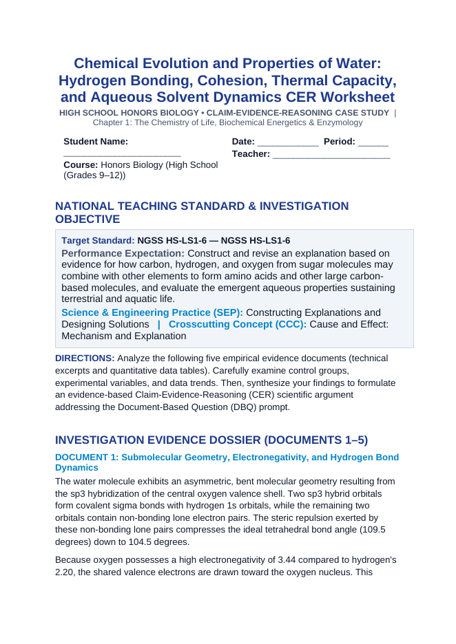 Chemical Evolution and Properties of Water: Hydrogen Bonding, Cohesion, Thermal Capacity, and Aqueous Solvent Dynamics CER Phenomena Worksheet sample page