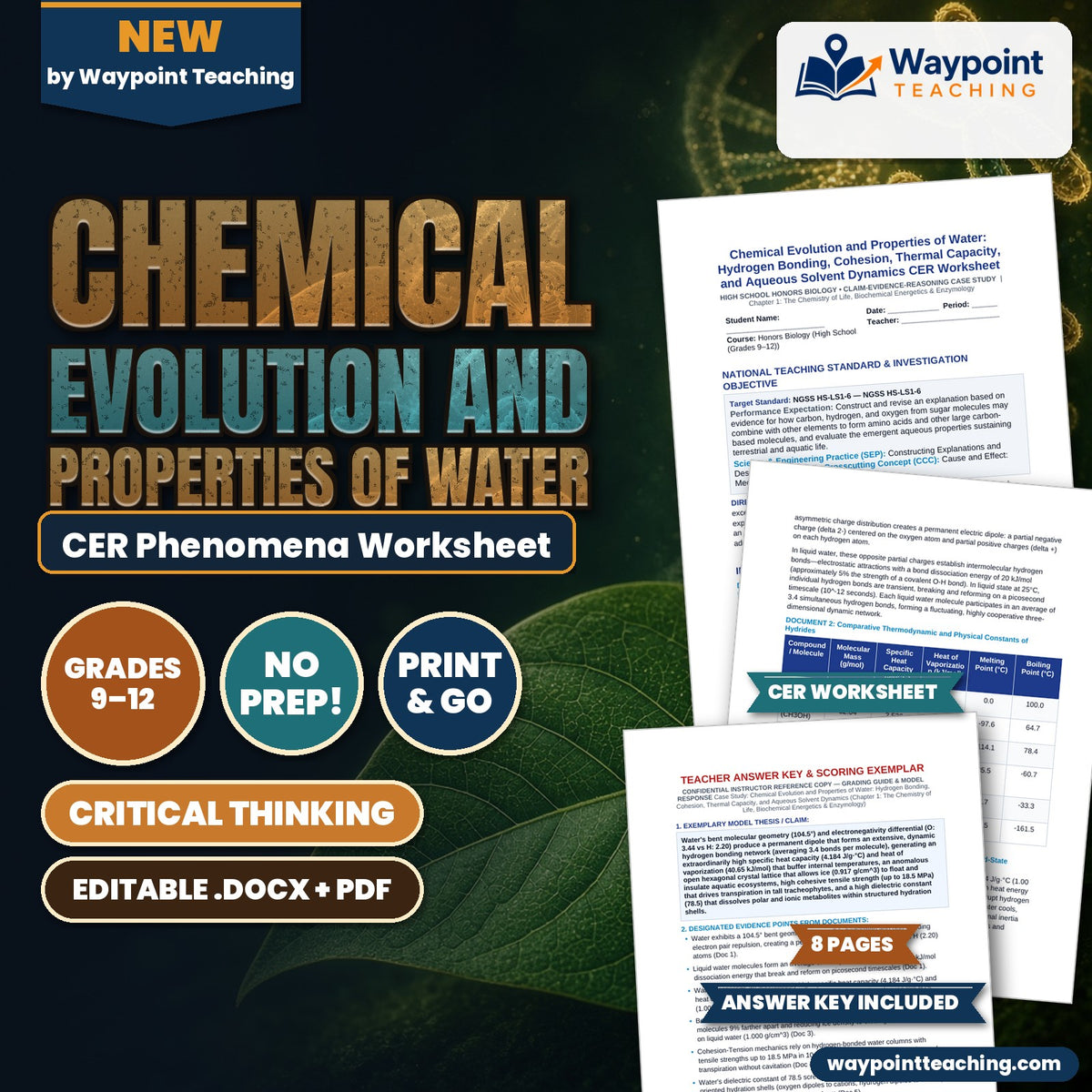 Chemical Evolution and Properties of Water: Hydrogen Bonding, Cohesion, Thermal Capacity, and Aqueous Solvent Dynamics CER Phenomena Worksheet cover