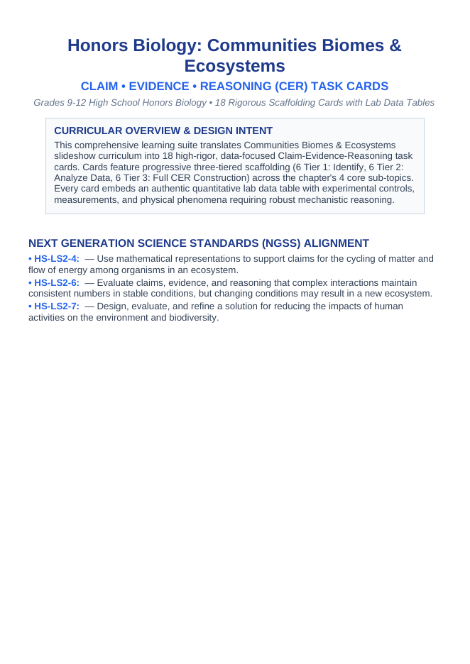 Communities, Biomes, & Ecosystems CER Task Cards sample page