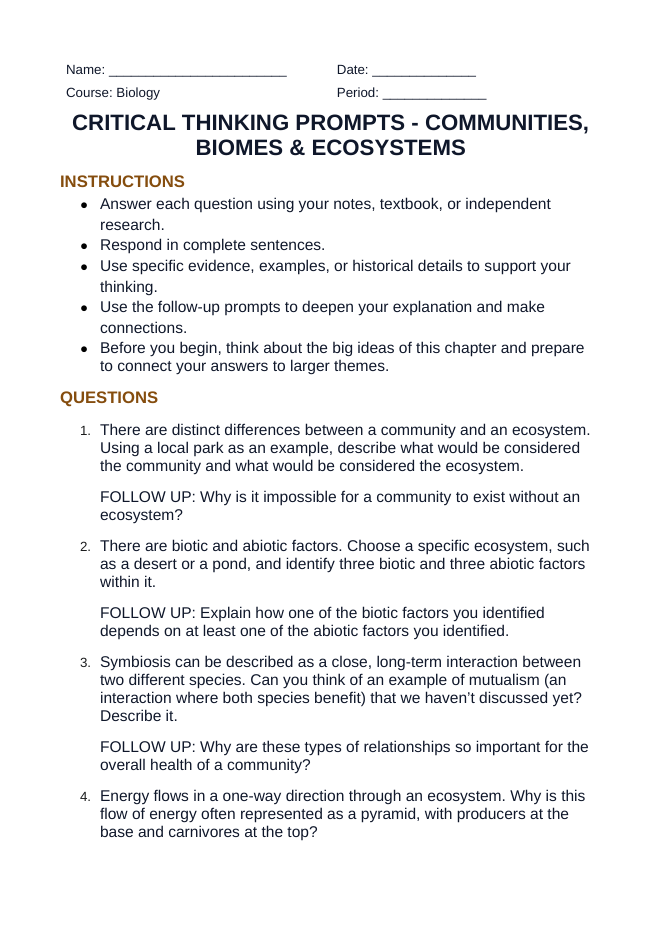 Communities, Biomes, & Ecosystems Critical Thinking Prompts sample page