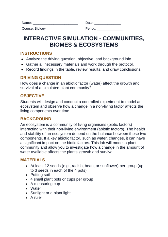 Communities, Biomes, & Ecosystems Interactive Simulation sample page
