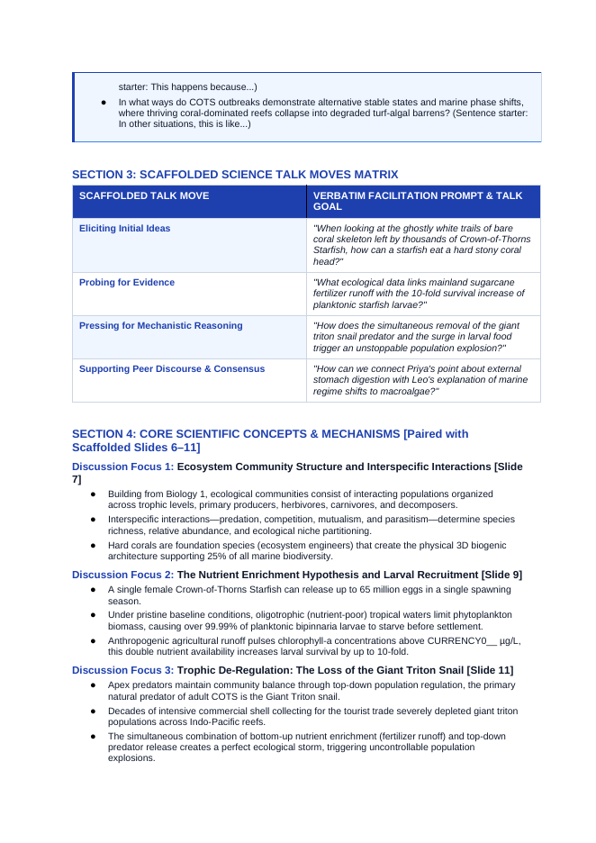 Communities, Biomes, & Ecosystems Scaffolded Phenomena-Based Lesson: The Coral Devourer: Agricultural Runoff Unleashing the Crown-of-Thorns Teacher Discussion Guide sample page