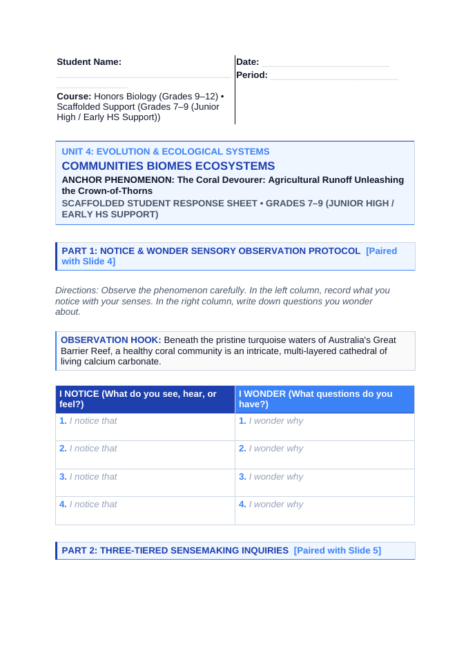 Communities, Biomes, & Ecosystems Scaffolded Phenomena-Based Lesson: The Coral Devourer: Agricultural Runoff Unleashing the Crown-of-Thorns Student Response Sheet sample page