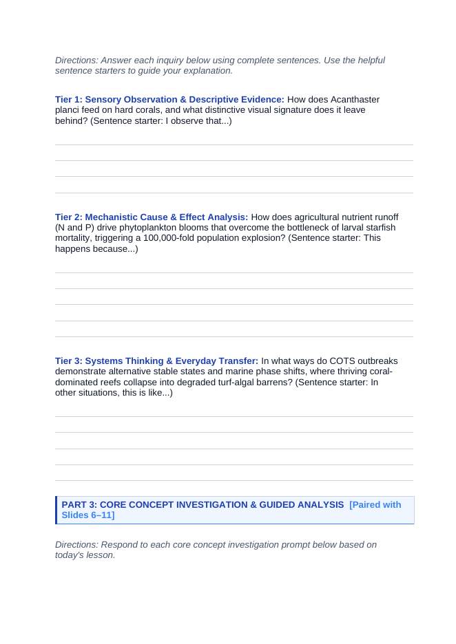 Communities, Biomes, & Ecosystems Scaffolded Phenomena-Based Lesson: The Coral Devourer: Agricultural Runoff Unleashing the Crown-of-Thorns Student Response Sheet sample page