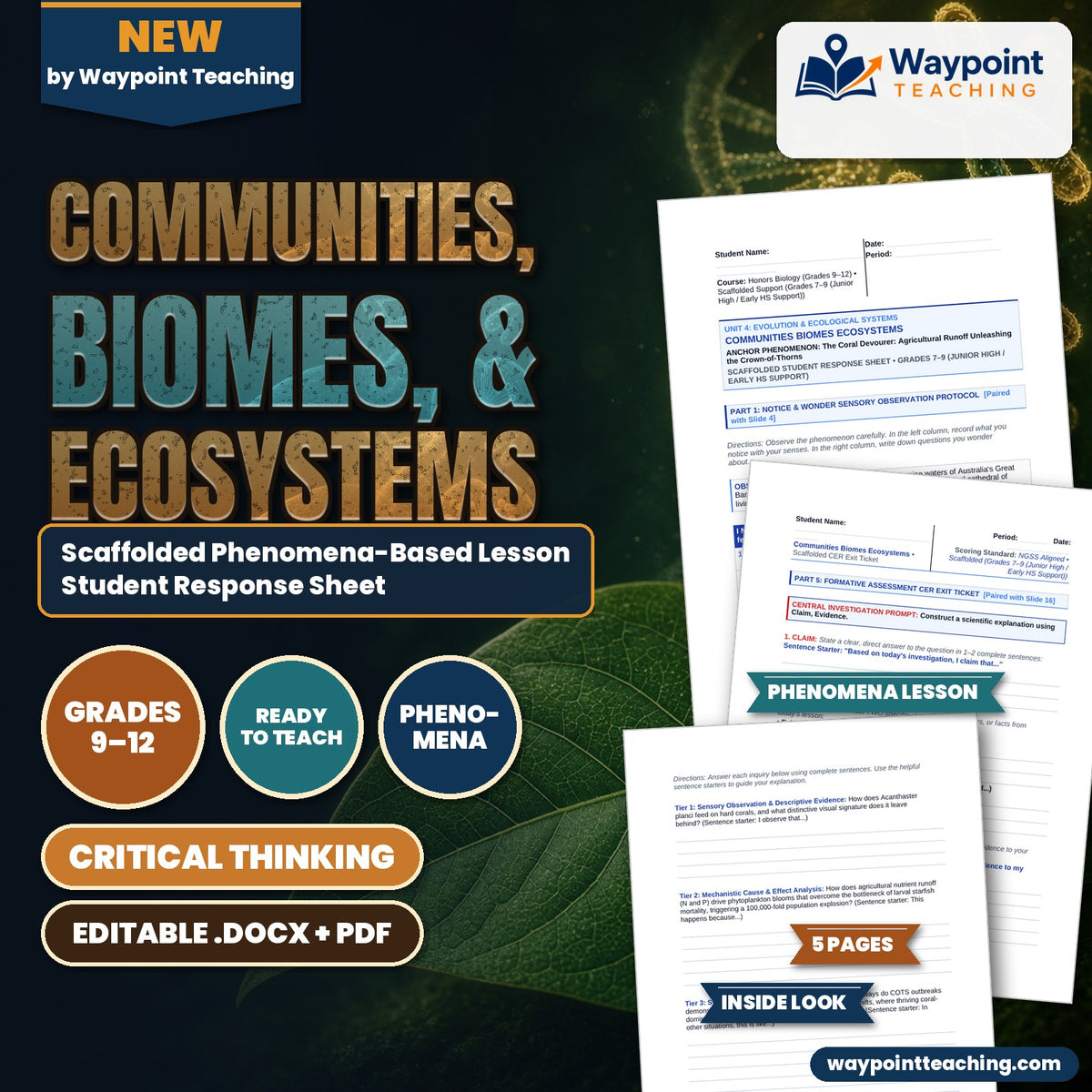 Communities, Biomes, & Ecosystems Scaffolded Phenomena-Based Lesson: The Coral Devourer: Agricultural Runoff Unleashing the Crown-of-Thorns Student Response Sheet cover