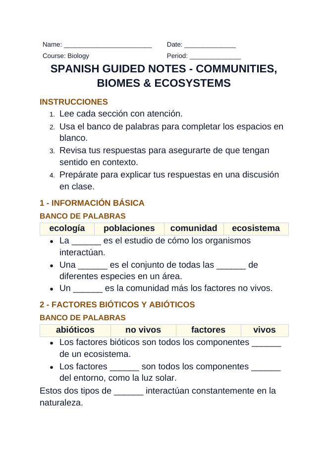 Communities, Biomes, & Ecosystems Spanish Guided Notes sample page