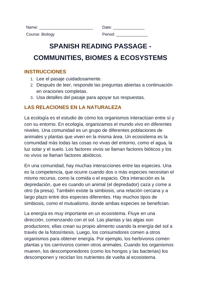 Communities, Biomes, & Ecosystems Spanish Reading Passage & Comprehension Questions sample page