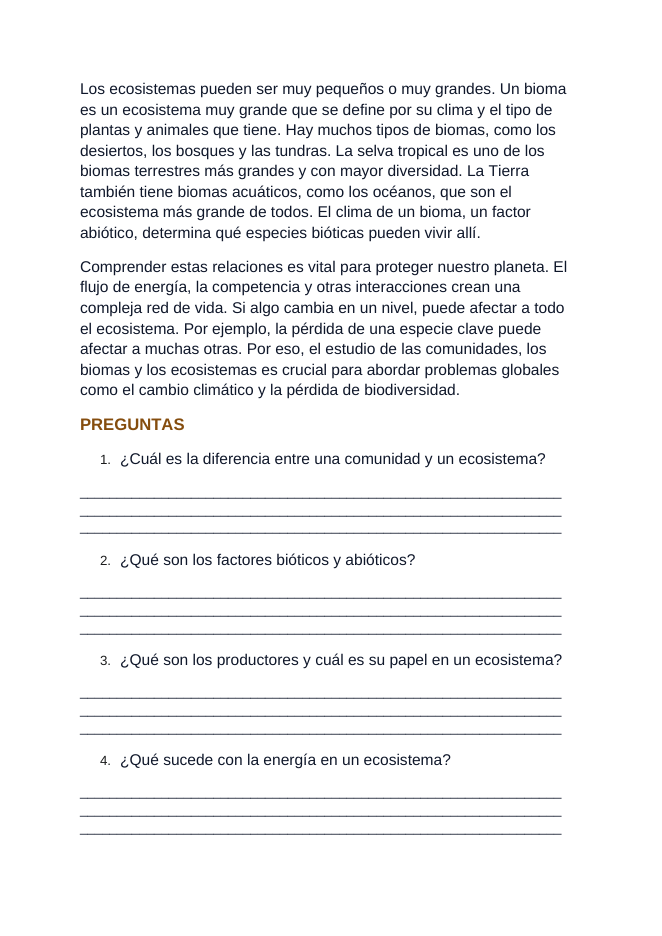 Communities, Biomes, & Ecosystems Spanish Reading Passage & Comprehension Questions sample page