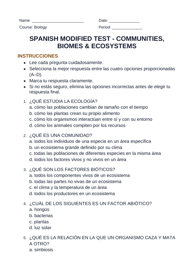 Communities, Biomes, & Ecosystems Spanish Unit Test sample page
