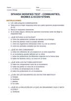 Communities, Biomes, & Ecosystems Spanish Unit Test sample page