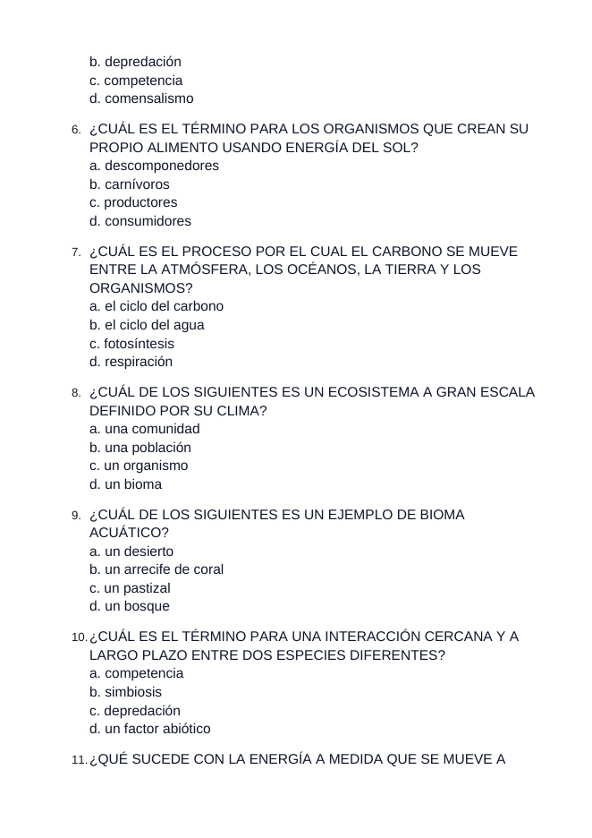 Communities, Biomes, & Ecosystems Spanish Unit Test sample page