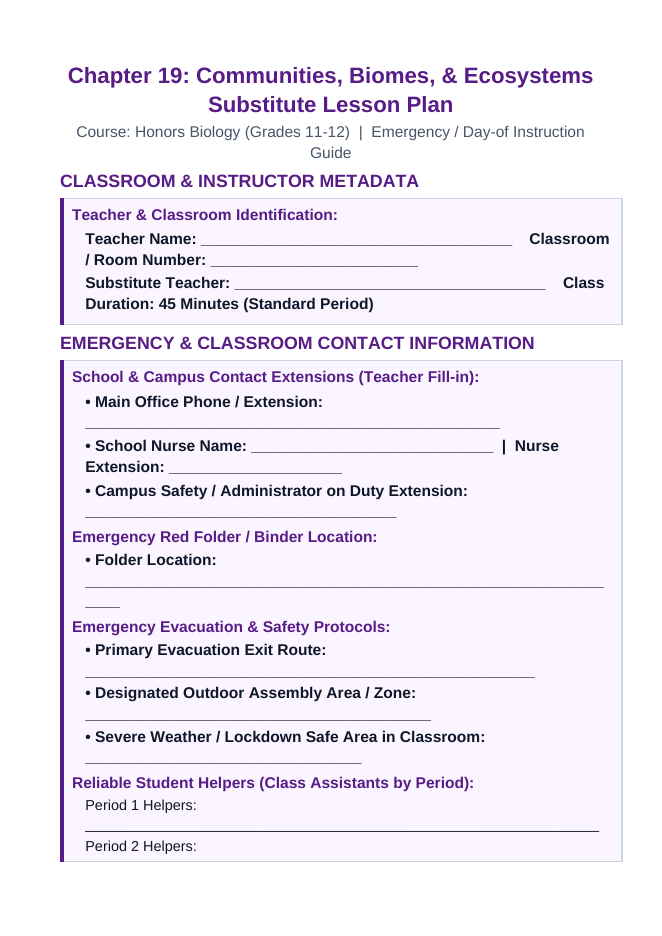 Communities, Biomes, & Ecosystems Substitute Lesson Plan sample page