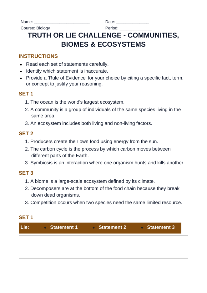Communities, Biomes, & Ecosystems Truth or Lie Challenge sample page
