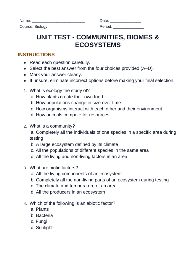 Communities, Biomes, & Ecosystems Unit Test sample page