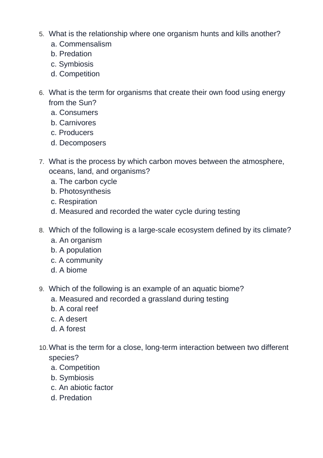 Communities, Biomes, & Ecosystems Unit Test sample page
