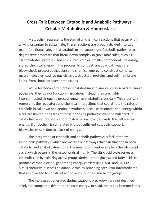 Cross-Talk Between Catabolic and Anabolic Pathways Reading Worksheet sample page