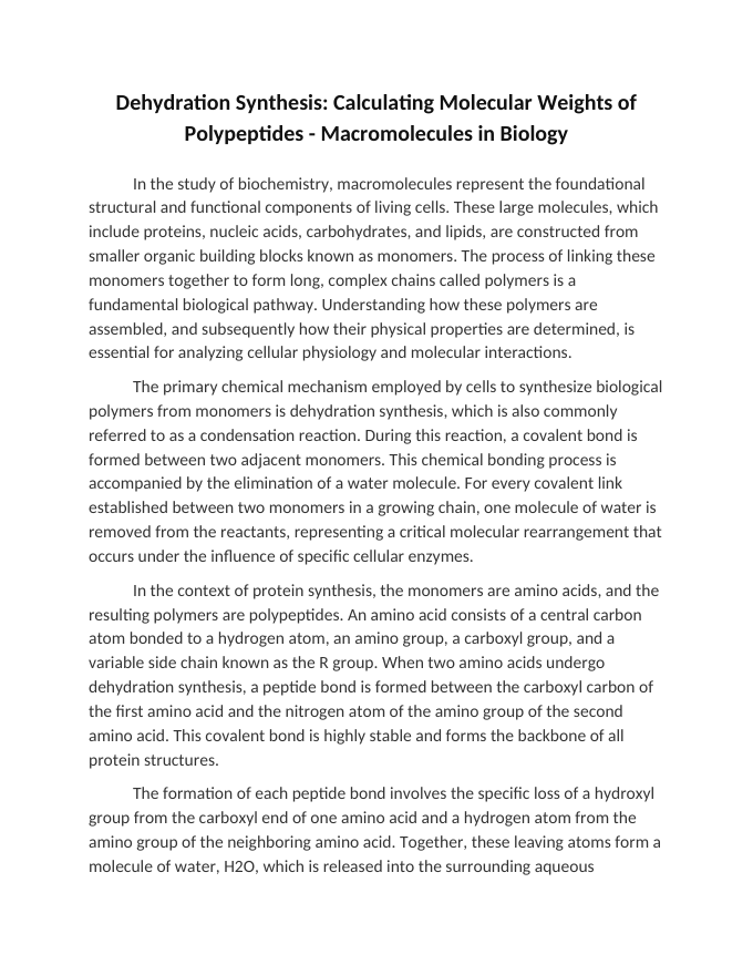 Dehydration Synthesis: Calculating Molecular Weights of Polypeptides Reading Worksheet sample page