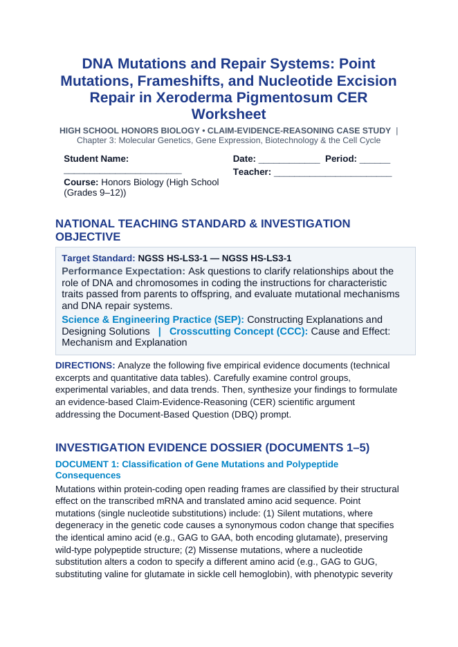 DNA Mutations and Repair Systems: Point Mutations, Frameshifts, and Nucleotide Excision Repair in Xeroderma Pigmentosum CER Phenomena Worksheet sample page