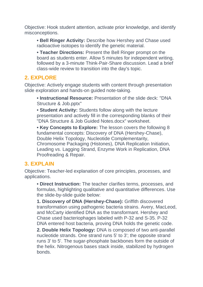 DNA Structure & Job 5E Lesson Plan sample page