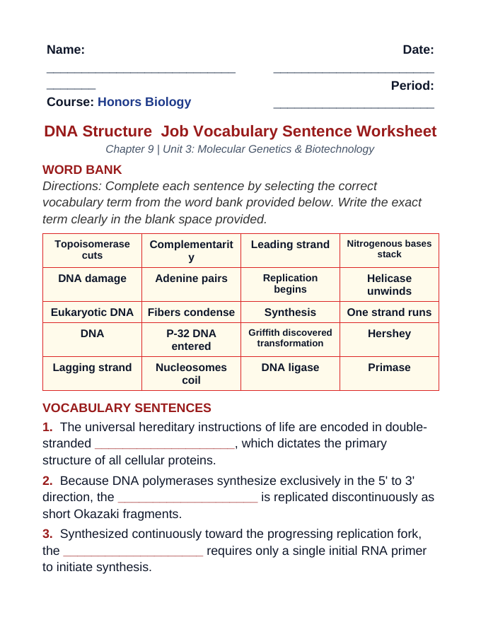 DNA Structure & Job Fill-in-the-Blank Vocabulary Worksheet sample page