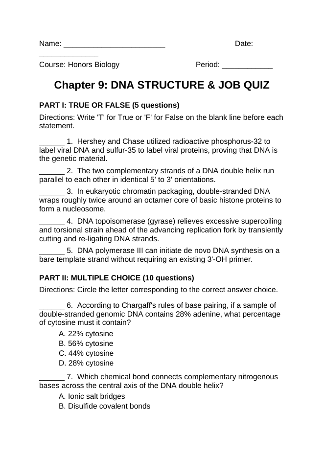 DNA Structure & Job Lesson Quiz sample page