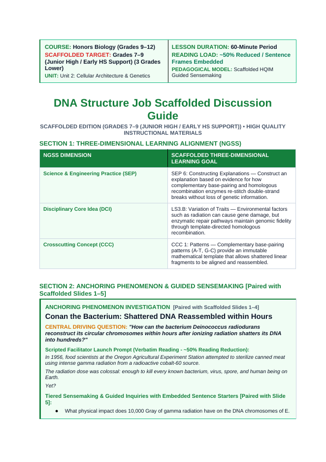 DNA Structure & Job Scaffolded Phenomena-Based Lesson: Conan the Bacterium: Shattered DNA Reassembled within Hours Teacher Discussion Guide sample page