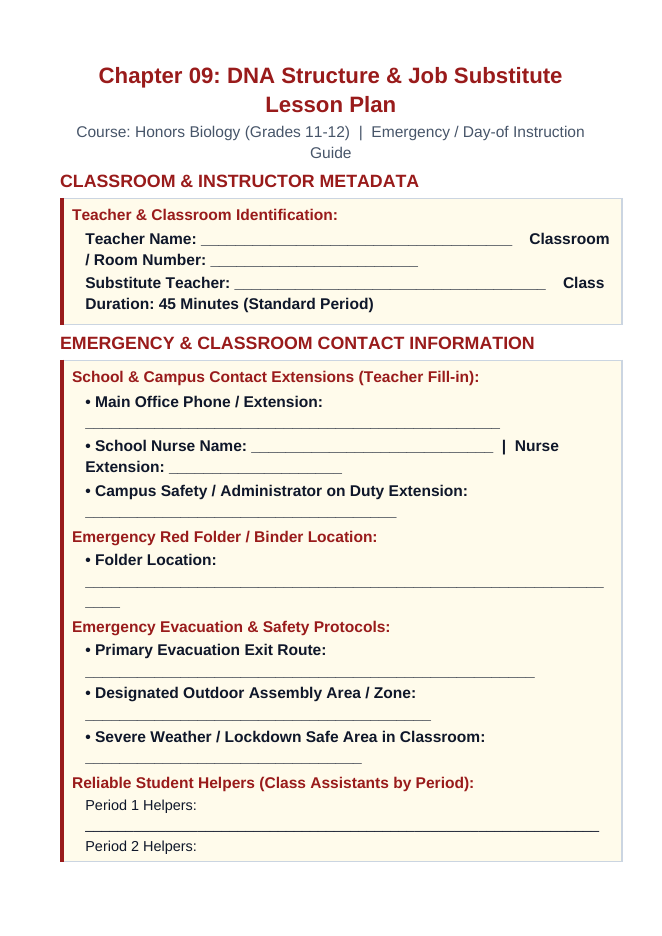 DNA Structure & Job Substitute Lesson Plan sample page