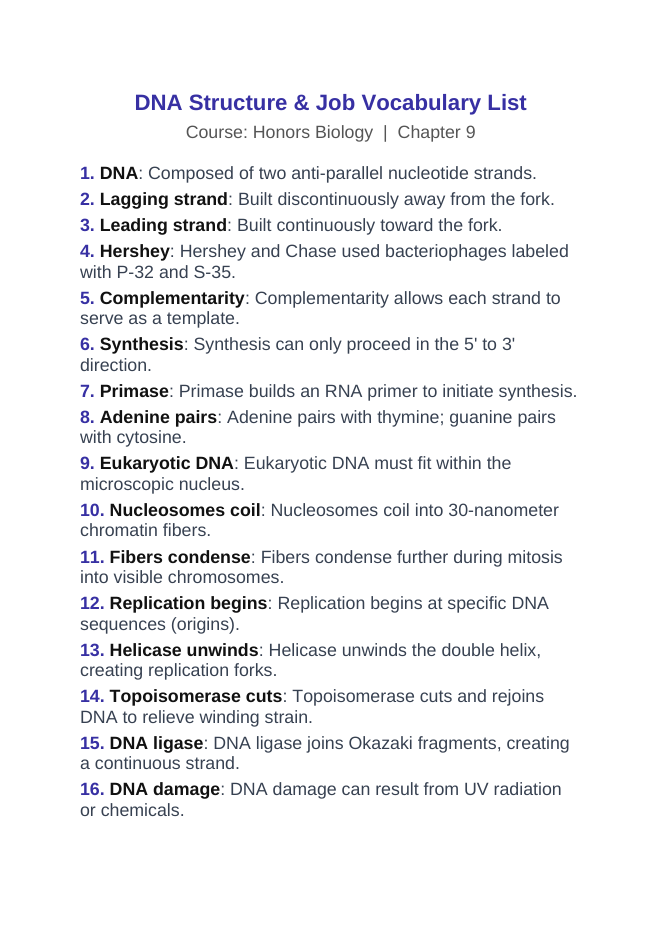 DNA Structure & Job Vocabulary Words & Definitions sample page