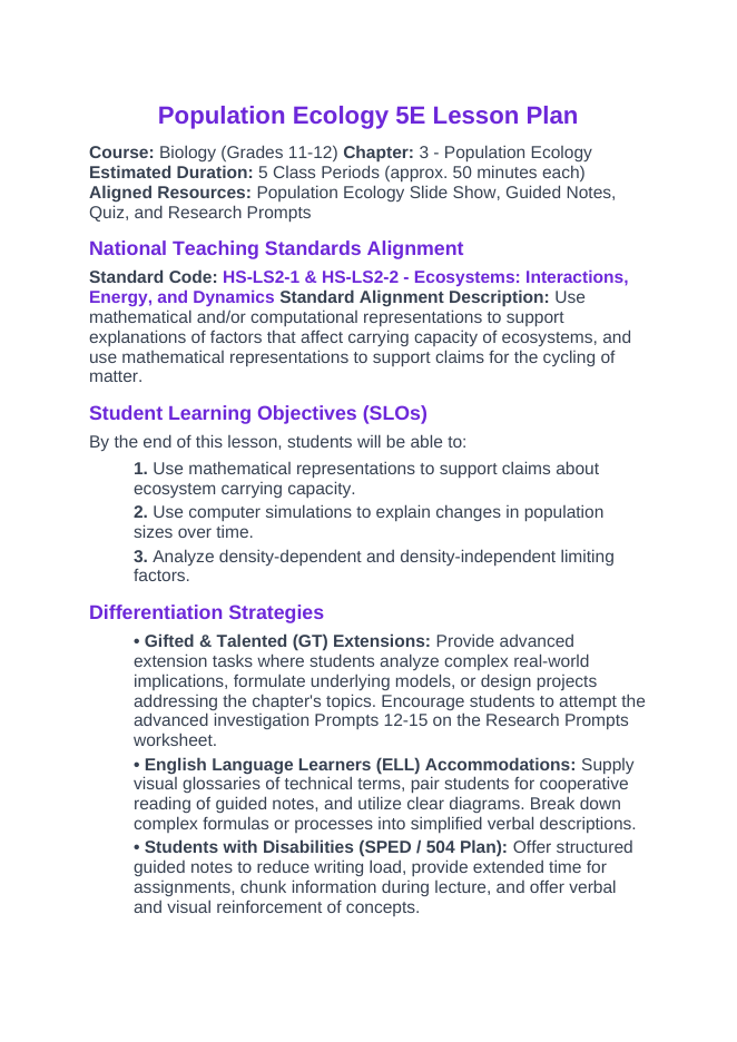 Ecological Demographics 5E Lesson Plan sample page