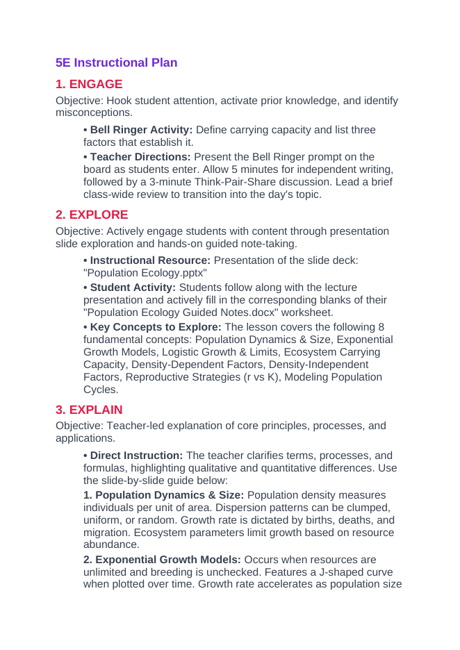 Ecological Demographics 5E Lesson Plan sample page