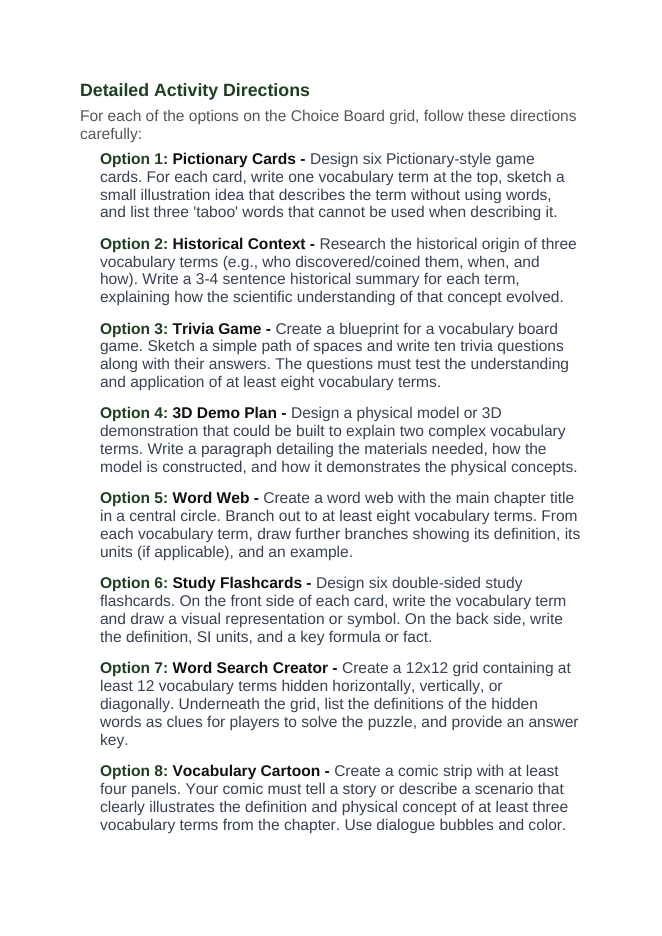 Ecological Demographics Vocabulary Choice Board sample page