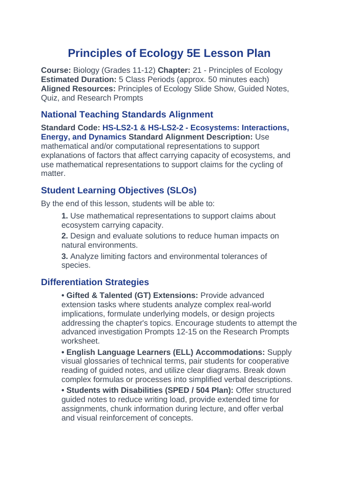 Ecological Fundamentals 5E Lesson Plan sample page