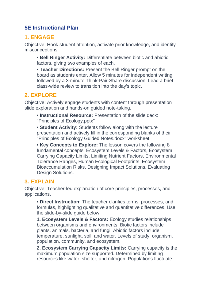 Ecological Fundamentals 5E Lesson Plan sample page